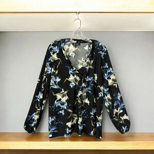 Lily Morgan, Floral V-Neck Blouse With Billow Sleeves, Large, Black